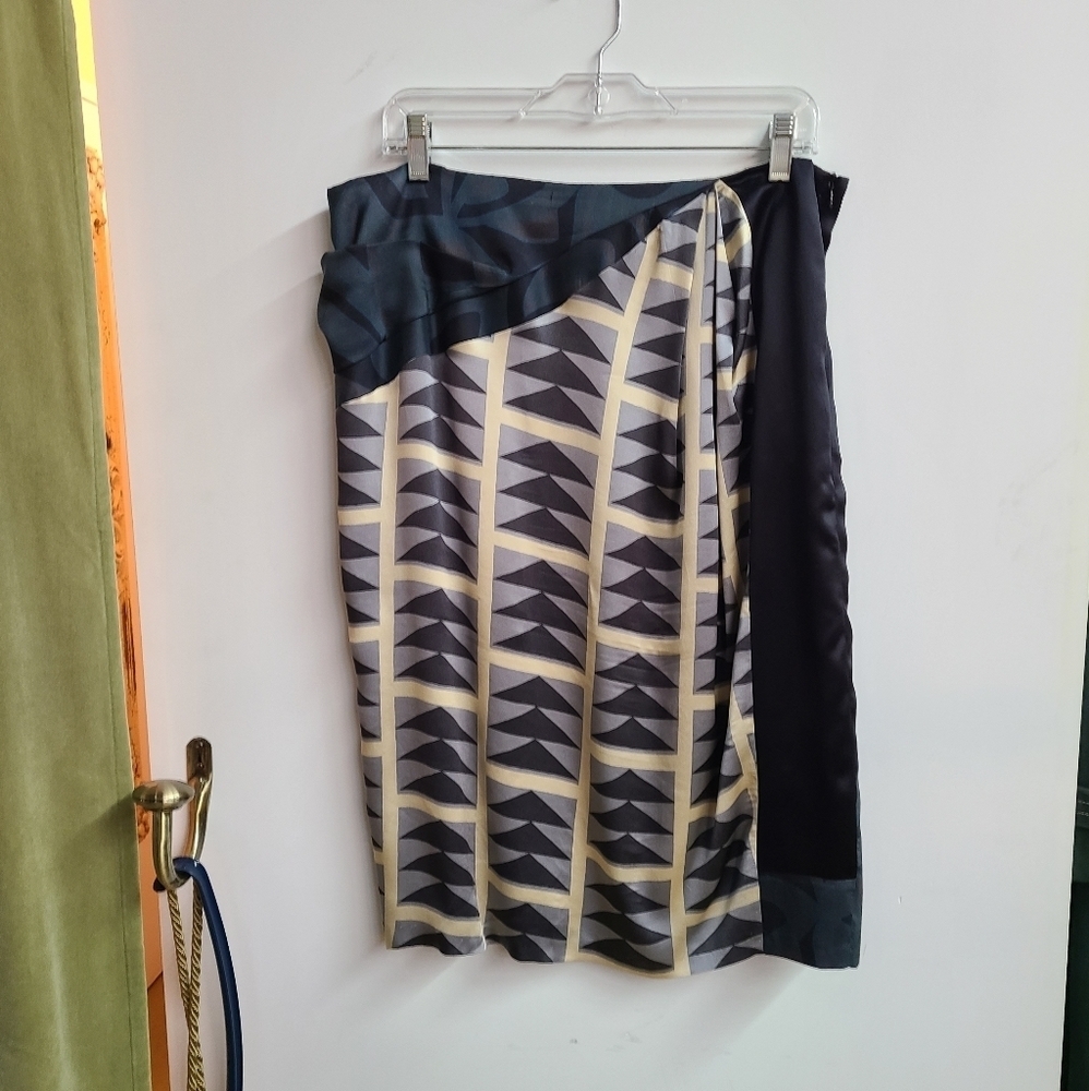 DRIES VAN NOTEN Blue Grey Geometric Print Asymmetric Skirt